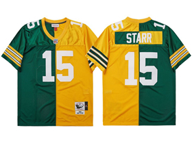 Green Bay Packers #15 Bart Starr 1969 Throwback Split Green/Gold Jersey