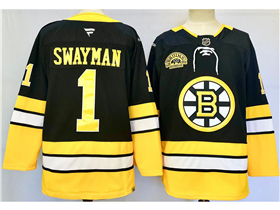 Boston Bruins #1 Jeremy Swayman Black Alternate 100th Anniversary Jersey