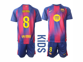 FC Barcelona 2025/26 Home Youth Red/Blue Jersey with #8 Pedri Printing