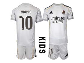 Real Madrid CF 2025/26 Home Youth White Soccer Jersey with #10 Mbappé Printing