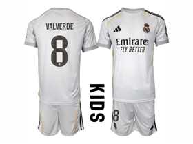 Real Madrid CF 2025/26 Home Youth White Soccer Jersey with #8 Valverde Printing
