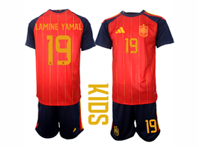 Spain 2026 Youth Home Red Soccer Jersey with #19 Lamine Yamal Printing